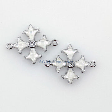 Maltese Cross Connector, CZ Micro Pave Silver Plated White Shell New Coptic Cross Centers, Crusader Jewelry Links